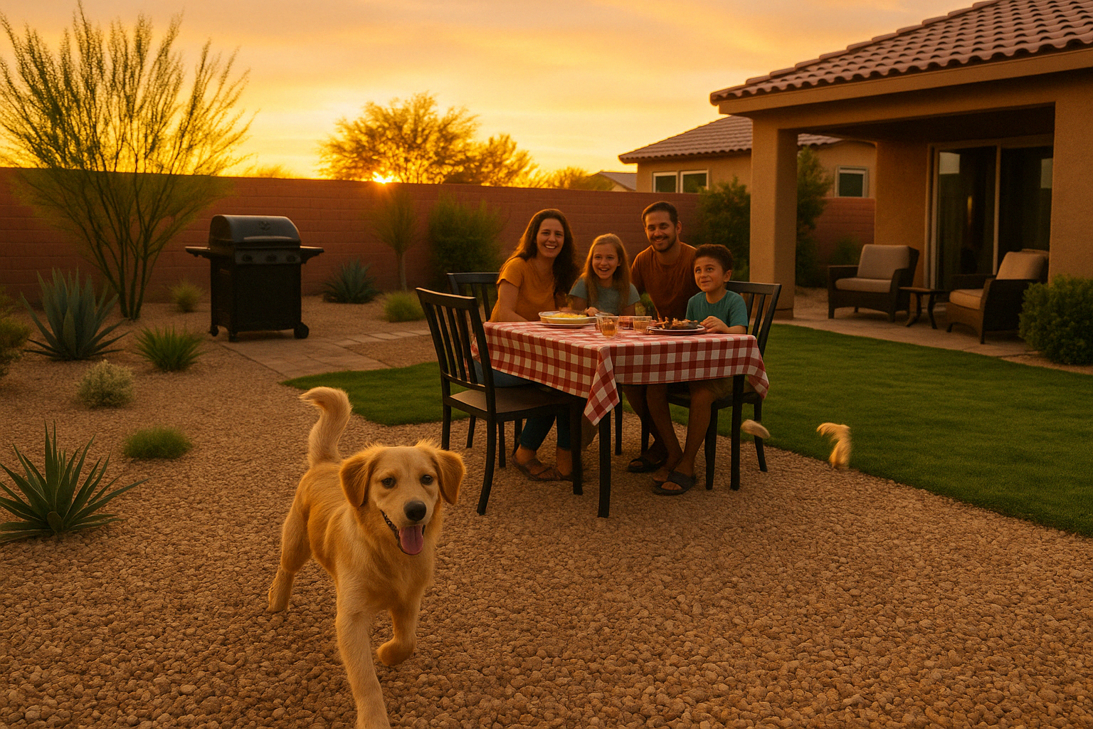Family playing in a clean yard