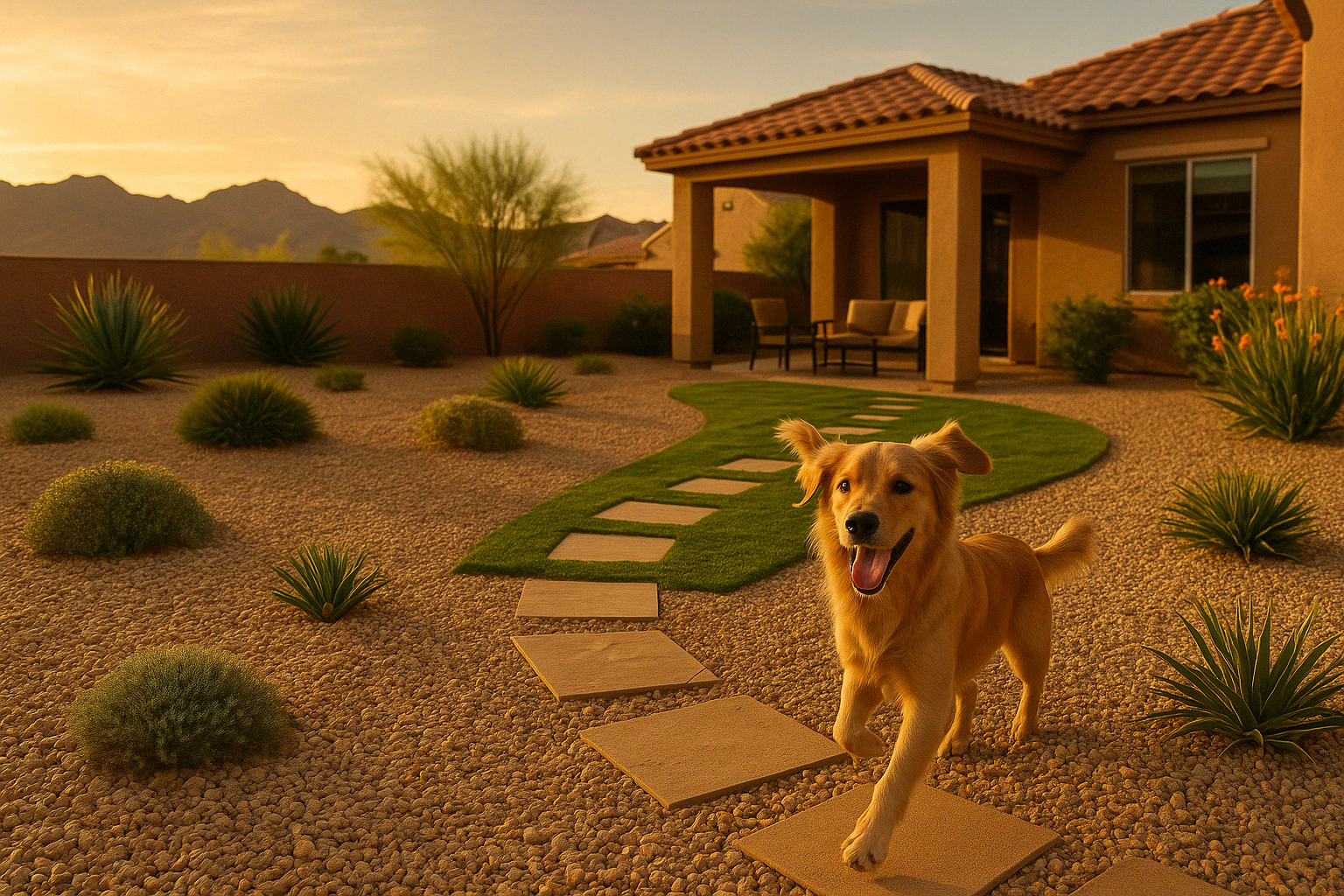 Clean drought-tolerant backyard with happy dog